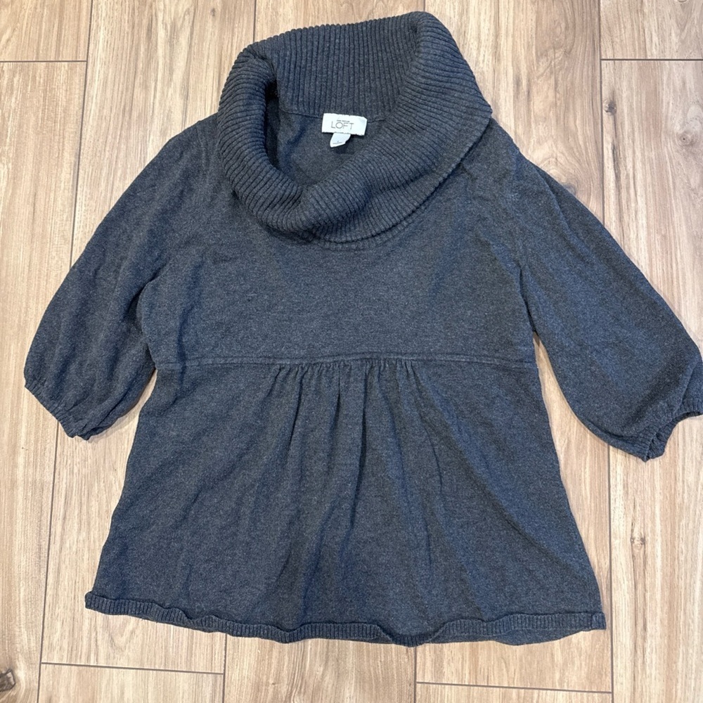 Loft Cowl Neck Women's Grey Pullover Peplum Sweater Size L Puff Sleeve